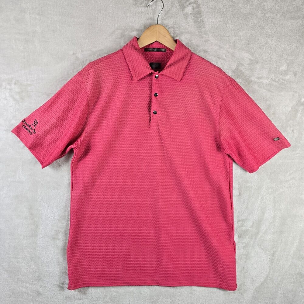 Tiger Woods Textured Polo Shirt Mens Large Pink Golf Short Sleeve Metal Logo - Picture 2 of 15